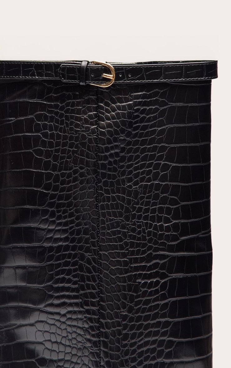 Black Croc Fold Over Heeled Knee High Boot image 5