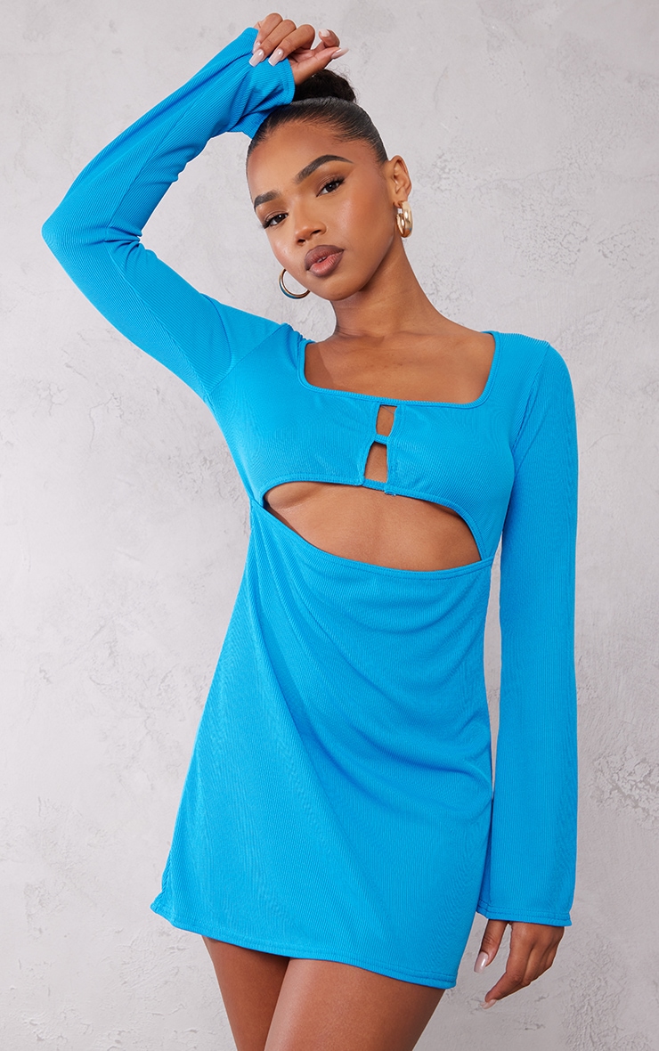 Bright Blue Rib Square Neck Cut Out Shift Dress image 1