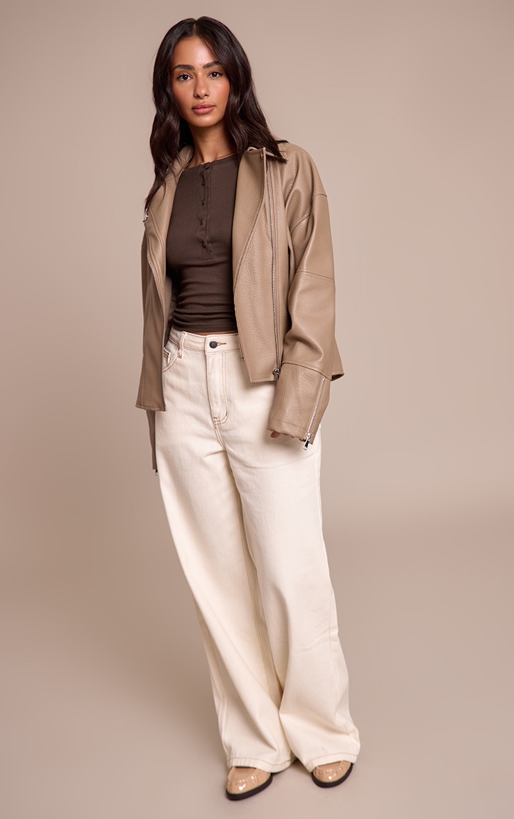 Petite Taupe Faux Leather Oversized Biker Jacket image 3