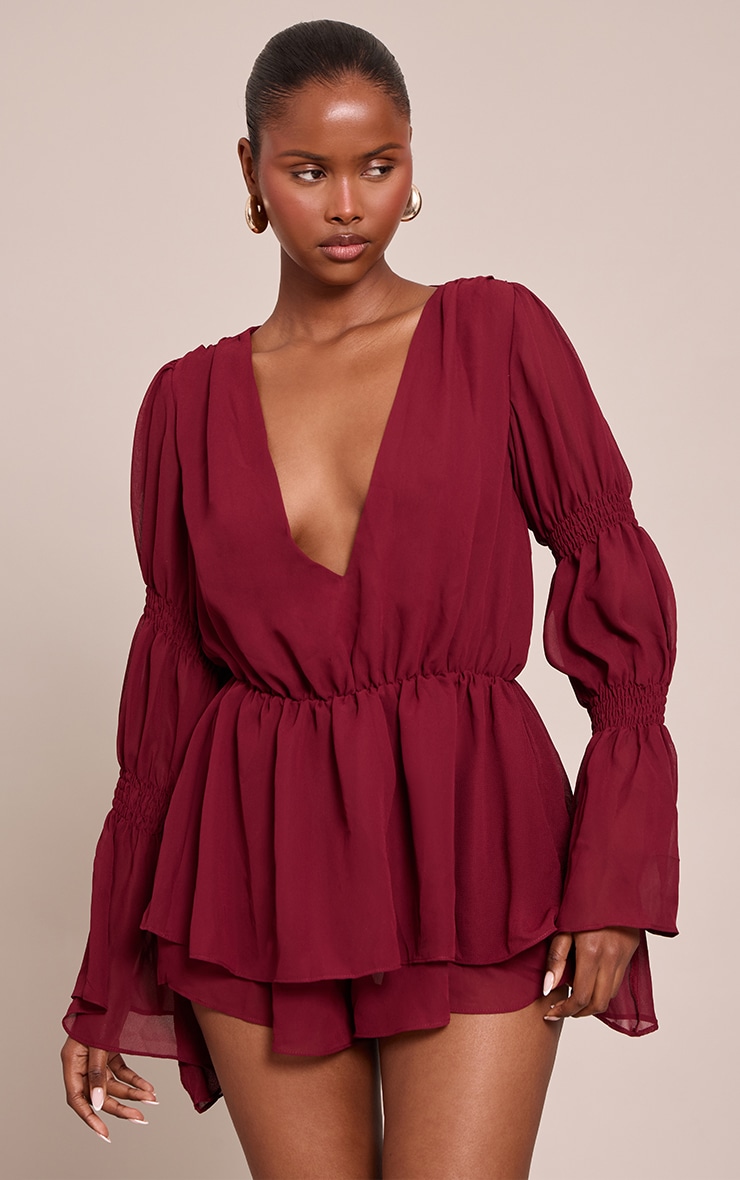 Burgandy Chiffon V Neck Long Ruched Sleeve Romper image 1