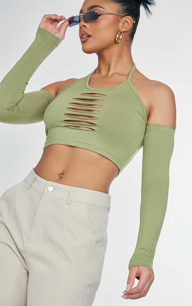 Khaki Slash Front Halter Cold Shoulder Crop Top image 4