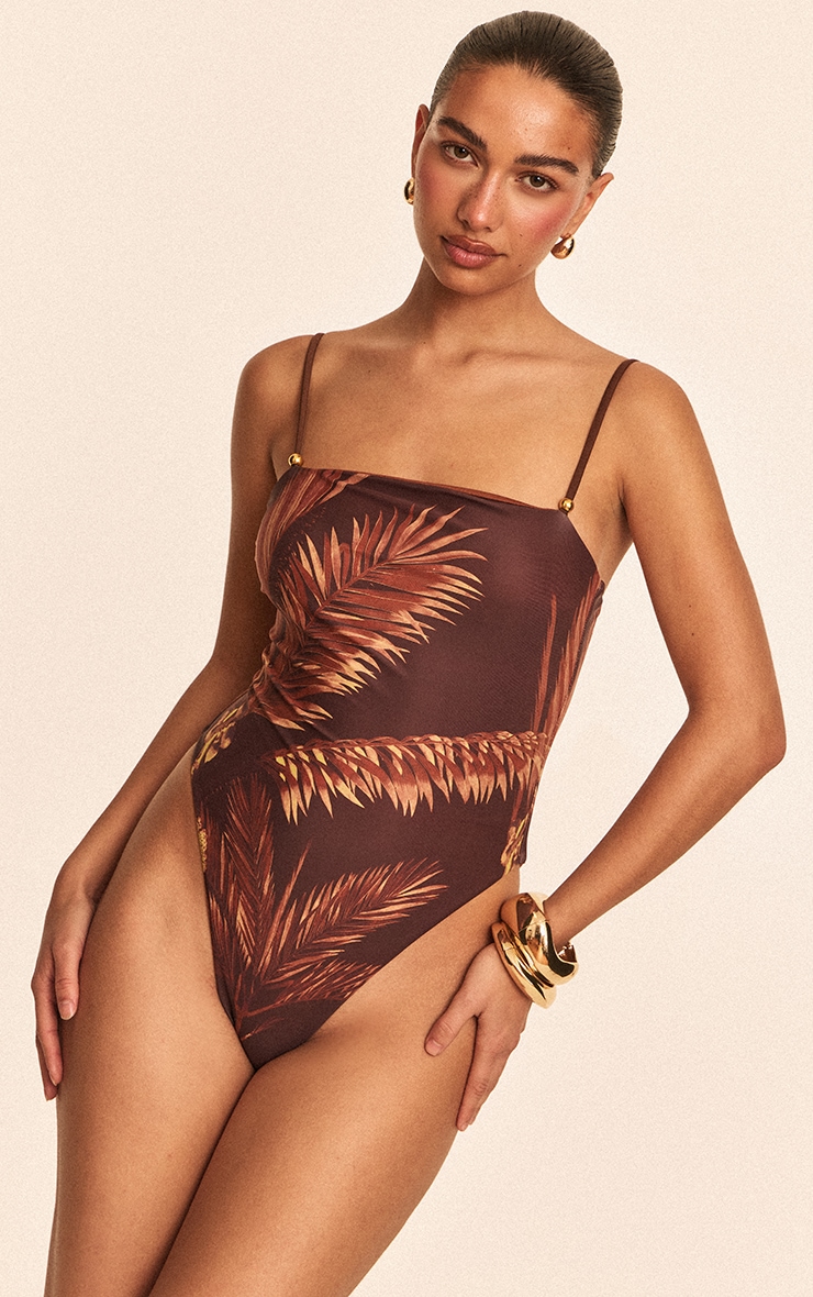 Chocolate Palm Print Strappy Swimsuit image 1