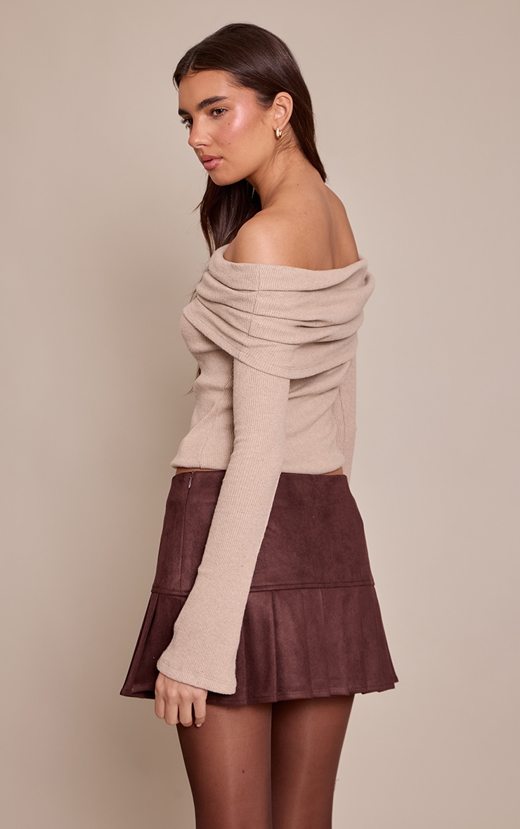 Stone Thick Brushed Rib Extreme Foldover Bardot Detail Long Sleeve Top image 2