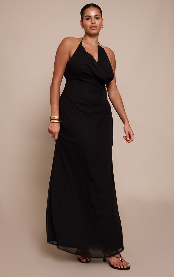 Plus Black Chiffon Halterneck Trim Detail Maxi Dress image 3