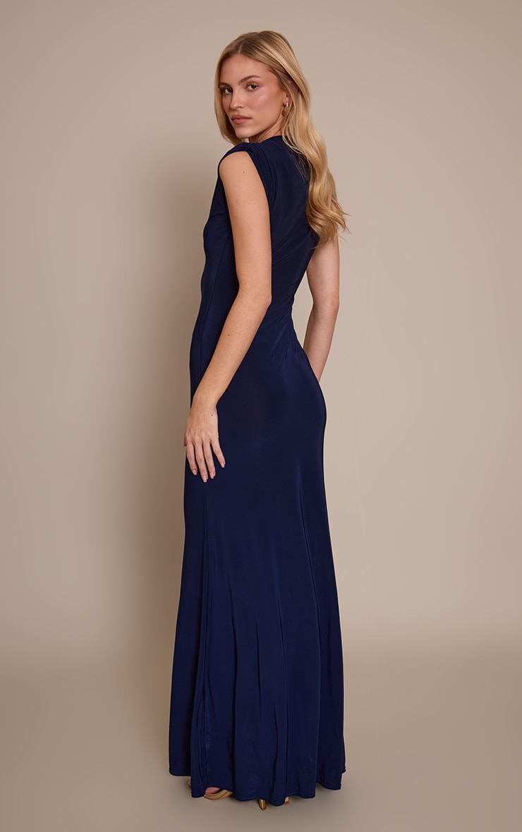 Navy Double Layer Slinky Ruched Shoulder Detail Maxi Dress image 2