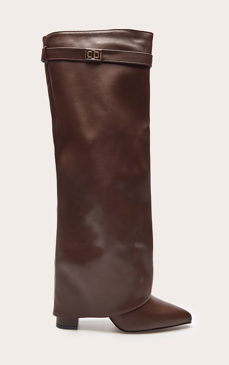 Chocolate Faux Leather Block Heel Foldover Knee High Boots image 2