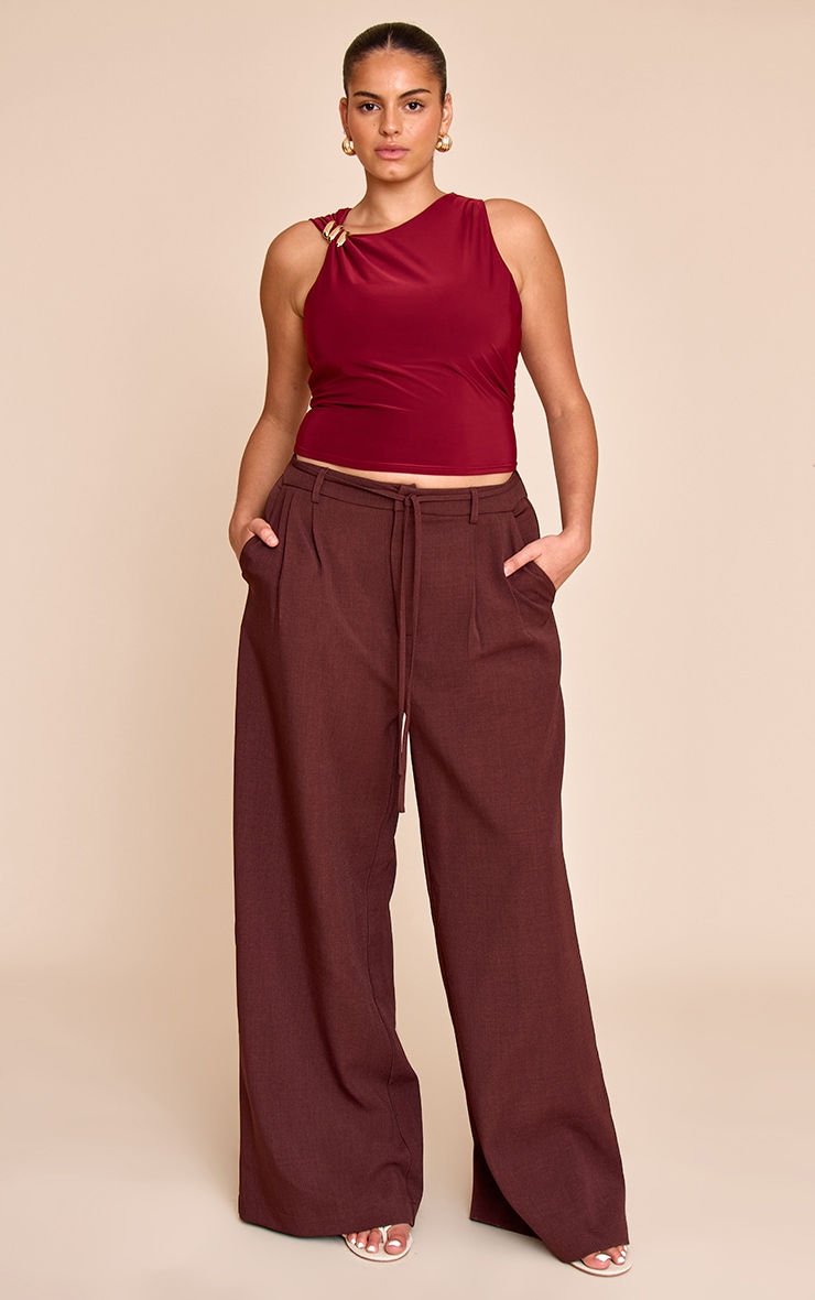 Plus Wine Double Layer Slinky Trim Detail Long Vest Top image 3