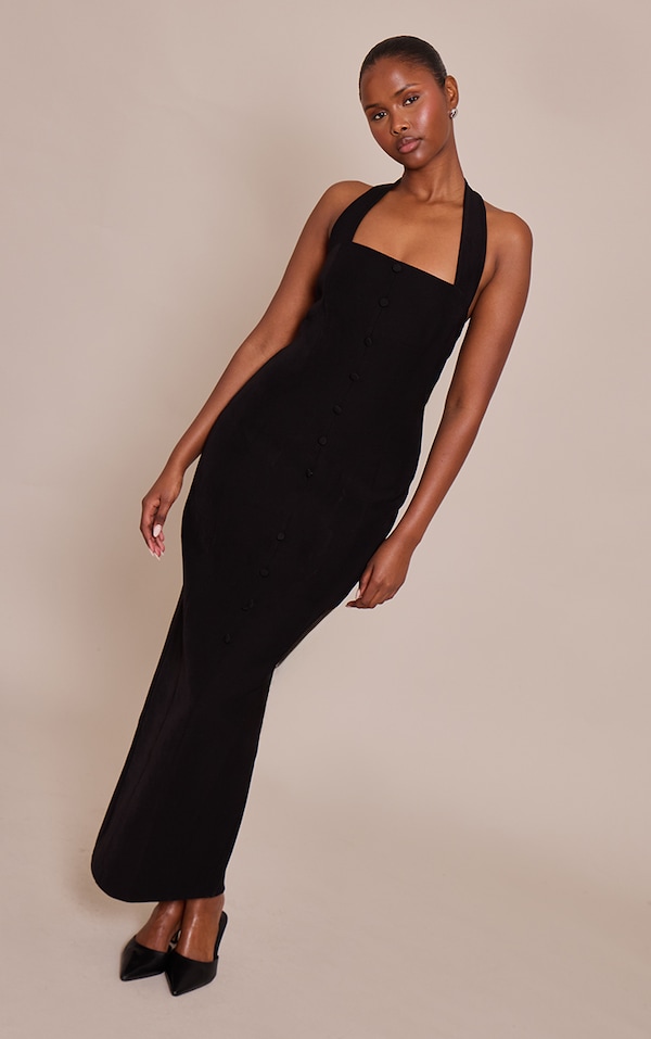 Black Woven Halter Button Maxi Dress