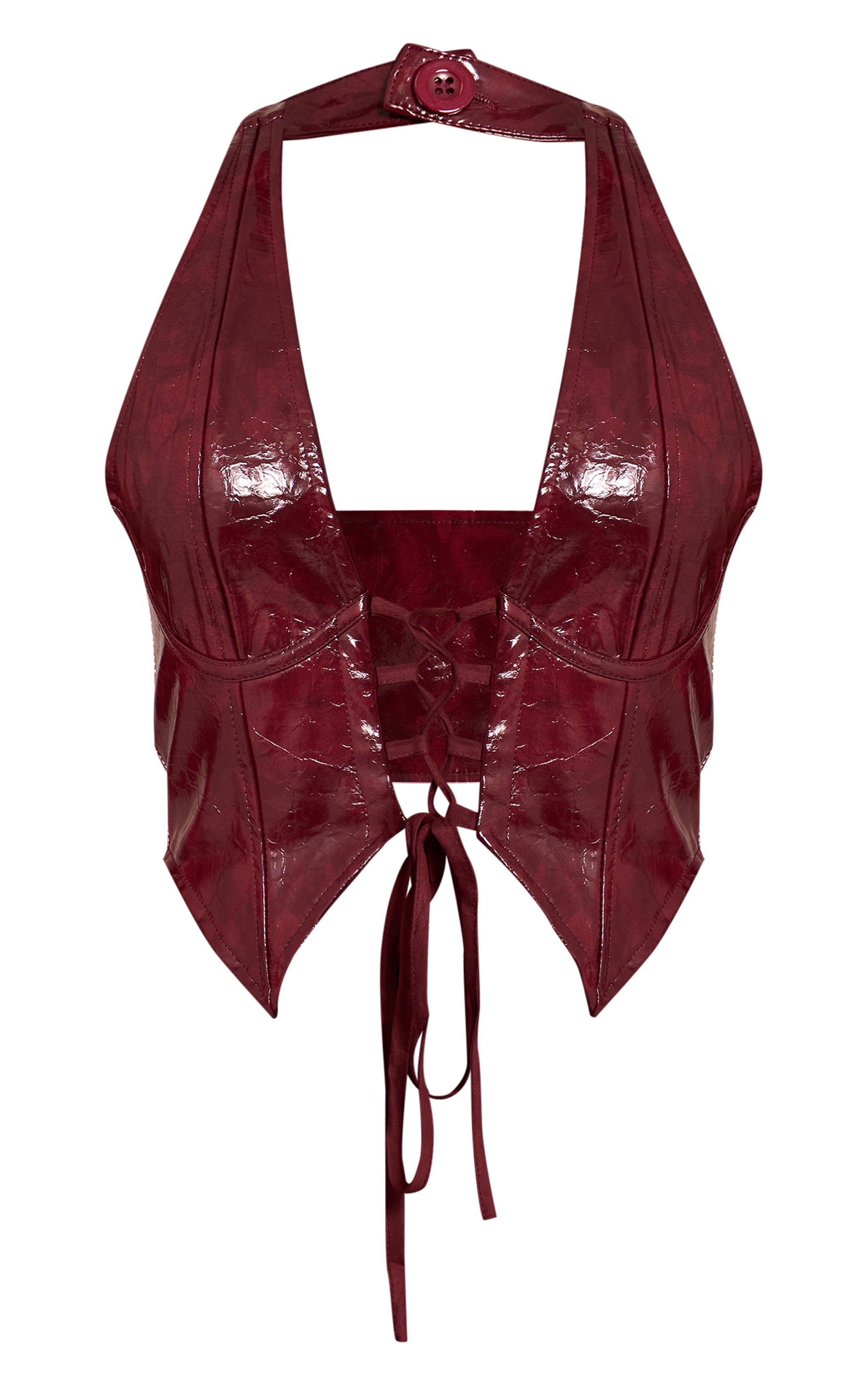 Wine Faux Leather Lace Up Plunge Halterneck Top image 5