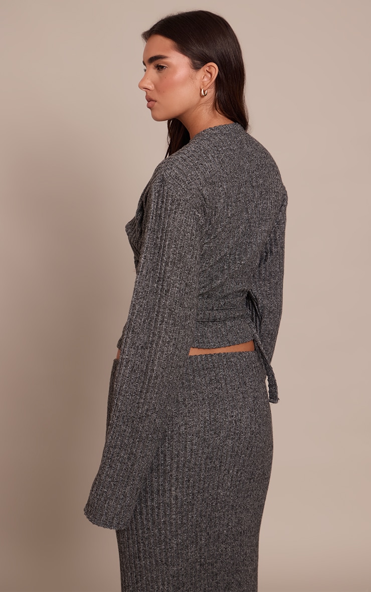 Charcoal Brushed Wrap Over Tie Waist Top image 2