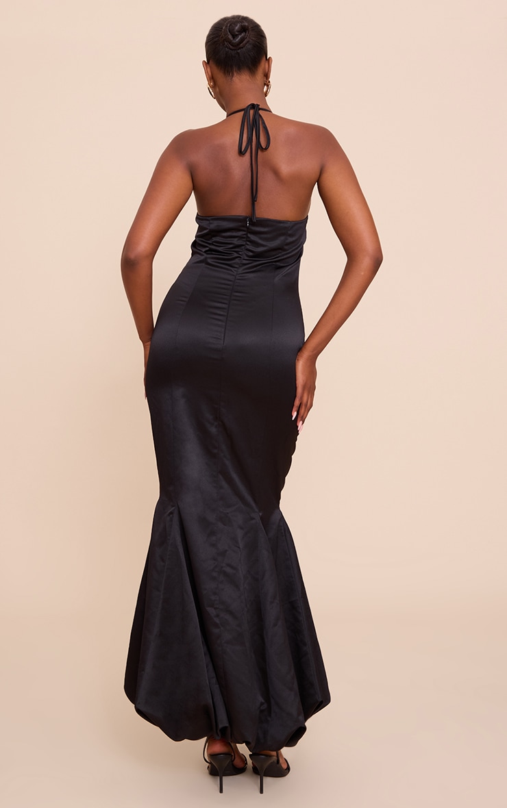 Black Satin Halterneck Puffball Maxi Dress image 2