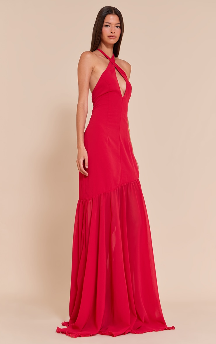 Red Chiffon Halterneck Dropped Waist Maxi Dress image 3