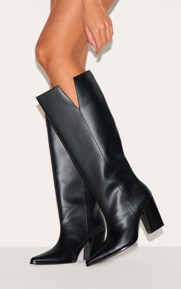 Black PU Point Toe Block Heeled Knee High Boot image 4