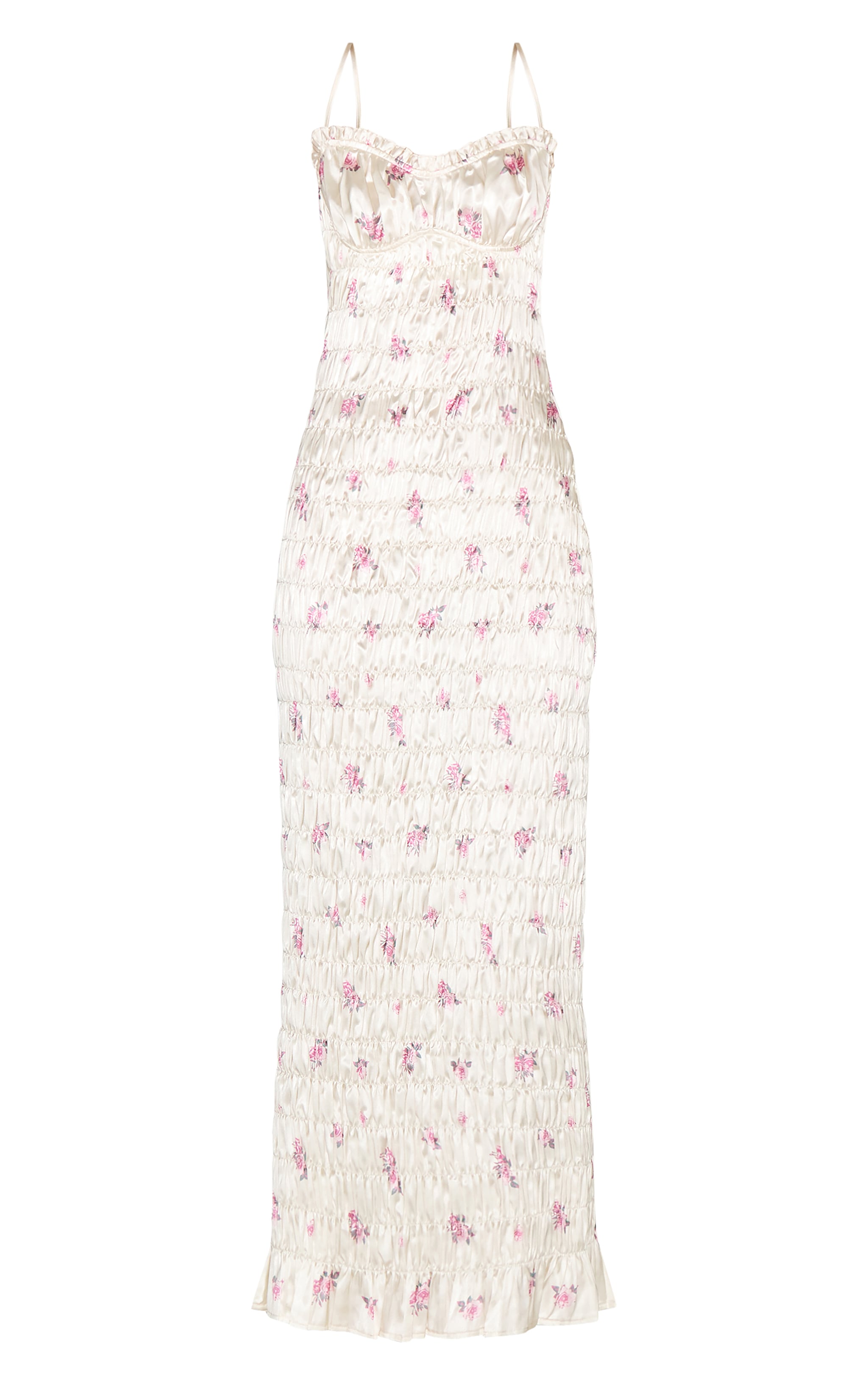 Robe longue satinée rose imprimé petites fleurs froncée à armatures image 5