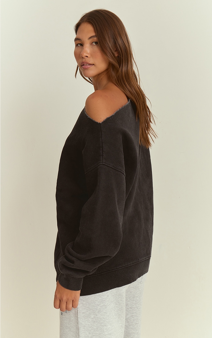 Charcoal Acid Wash Oversized Off Shoulder Sweatshirt image 2