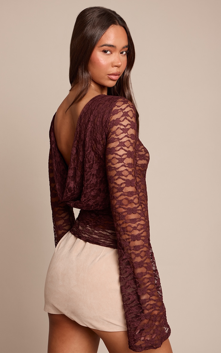 Chocolate Textured Lace Cowl Back Flared Long Sleeve Top image 2