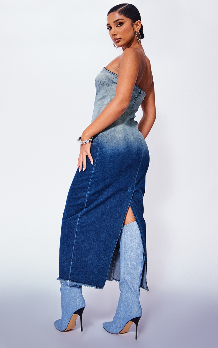 Petite Blue Washed Ombre Denim Bandeau Midaxi Dress image 2