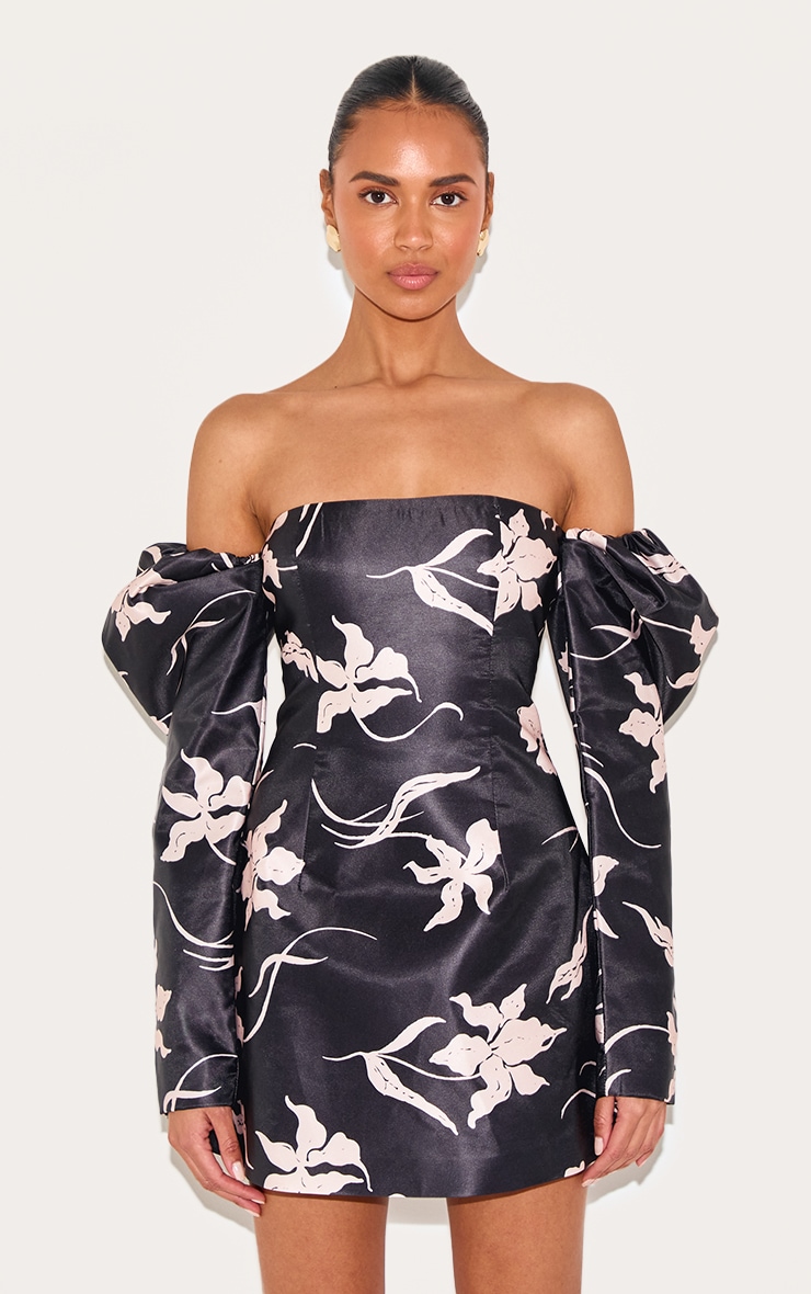 Black Floral Print Oversized Puff Sleeve A Line Shift Dress image 1