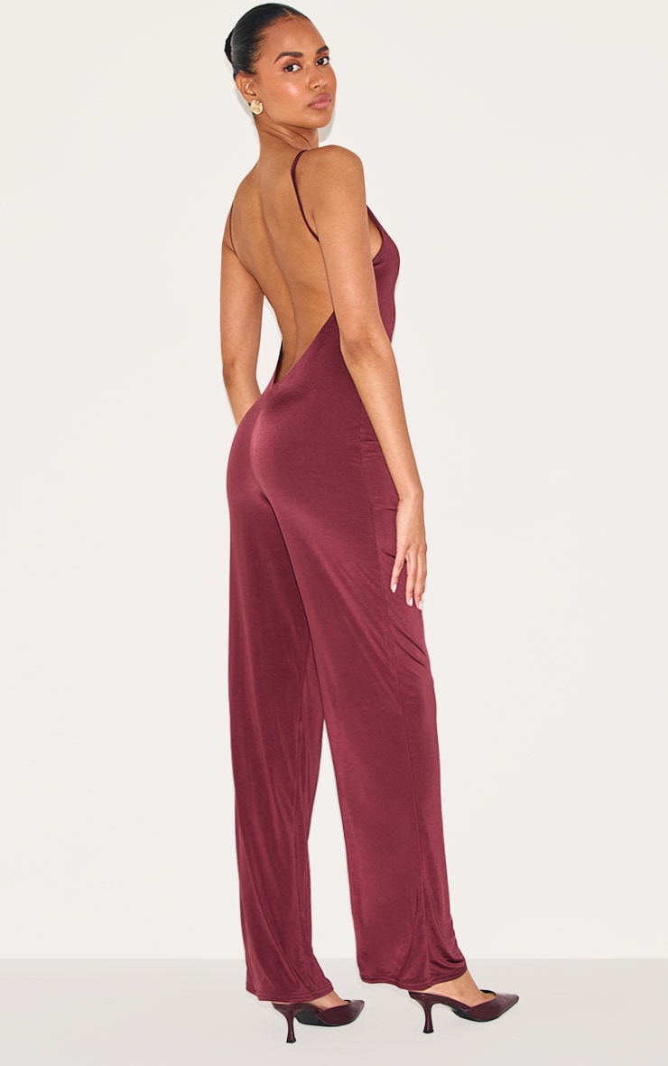 Wine Double Layer Slinky Low Back Strappy Wide Leg Jumpsuit image 2