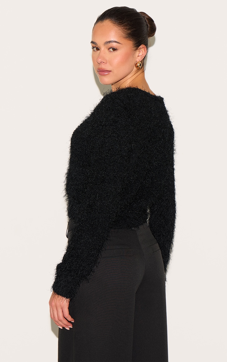 Black Textured Fluffy Knit Button Up Cardigan image 2