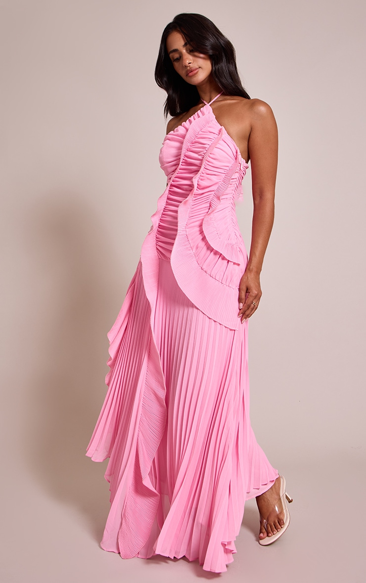 Petite Pink Halterneck Plisse Ruffle Detail Maxi Dress image 3