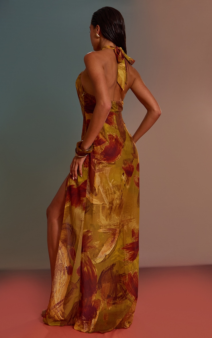 Green Abstract Print Halter Neck Chiffon Maxi Beach Dress image 2