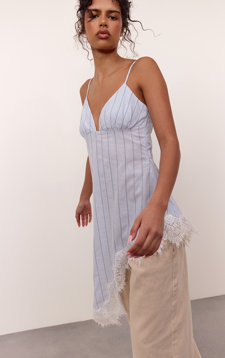 Blue Striped Lace Trim Asymmetric Longline Cami Top