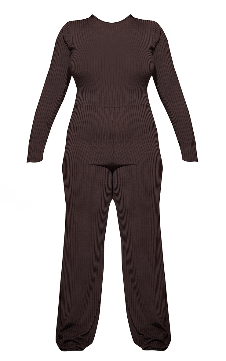 Plus Brown Rib Long Sleeve Jumpsuit image 5