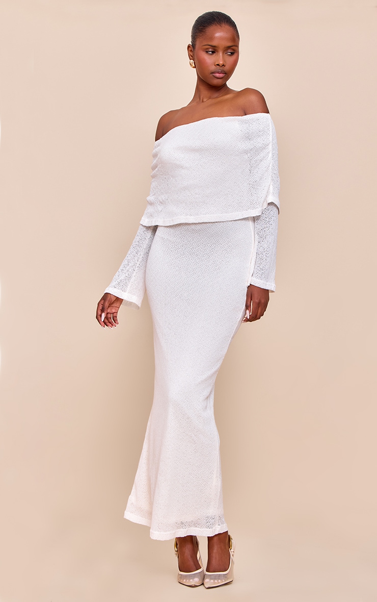 Cream Textured Bardot Foldover Maxi Dress image 1