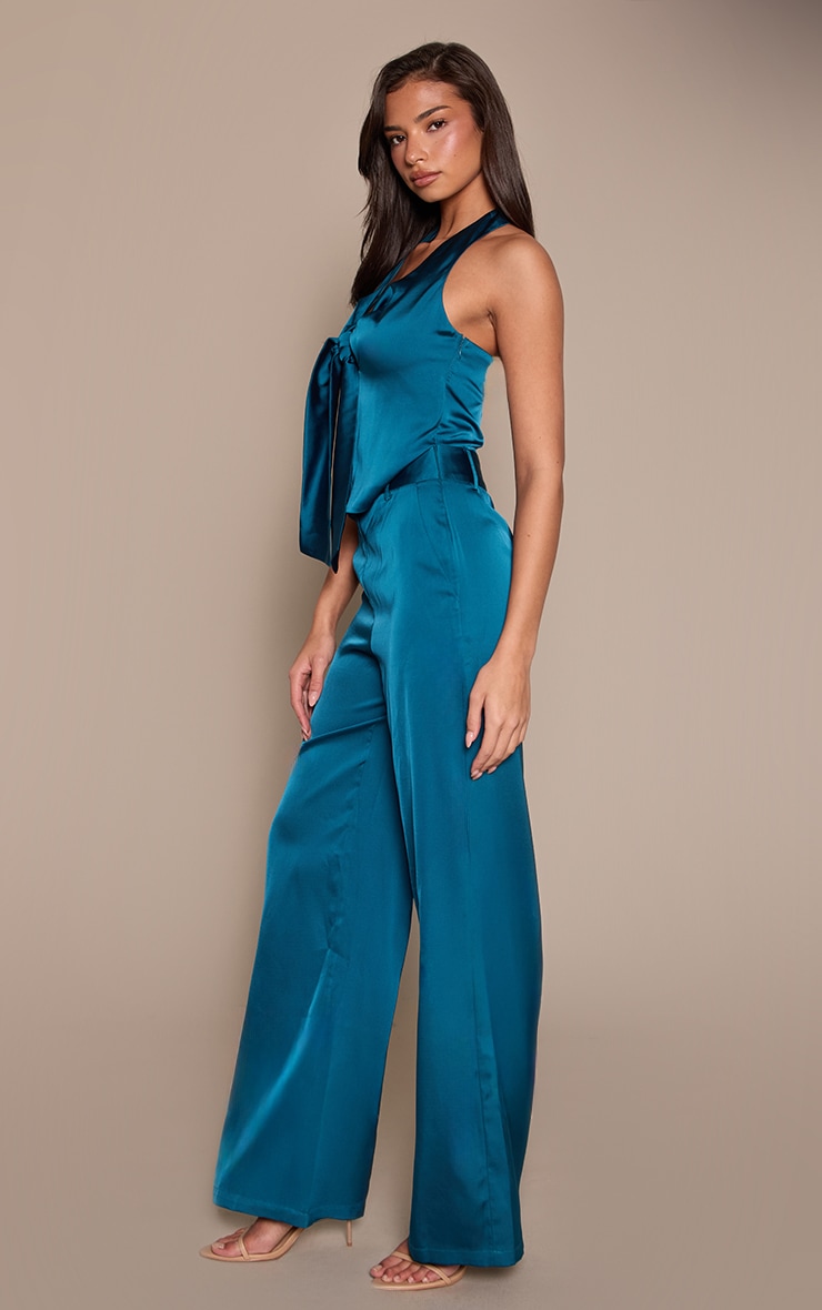 Teal Satin Tie Front Wide Leg Jumpsuit image 3