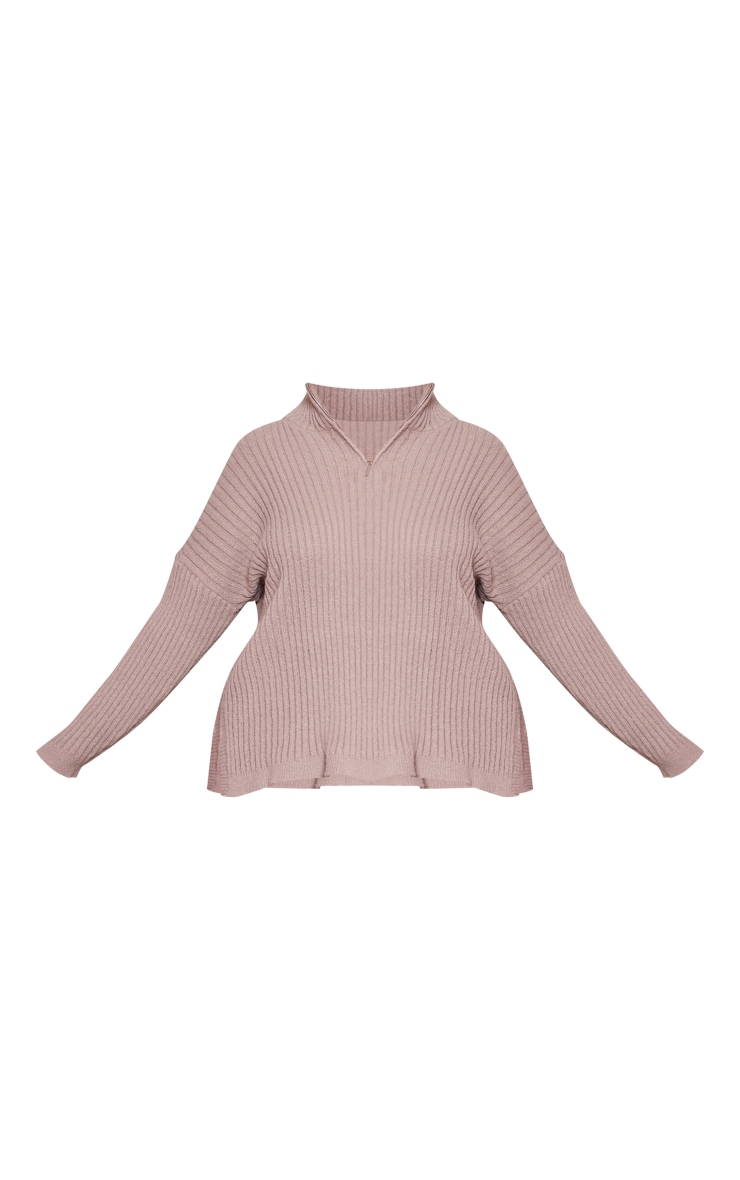 Plus Mocha Zip Ribbed Knitted Jumper image 5