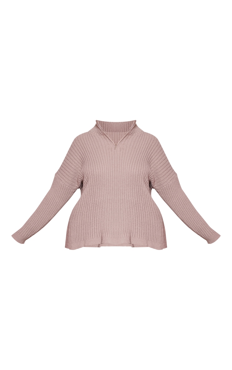 Plus Mocha Zip Ribbed Knitted Sweater image 5