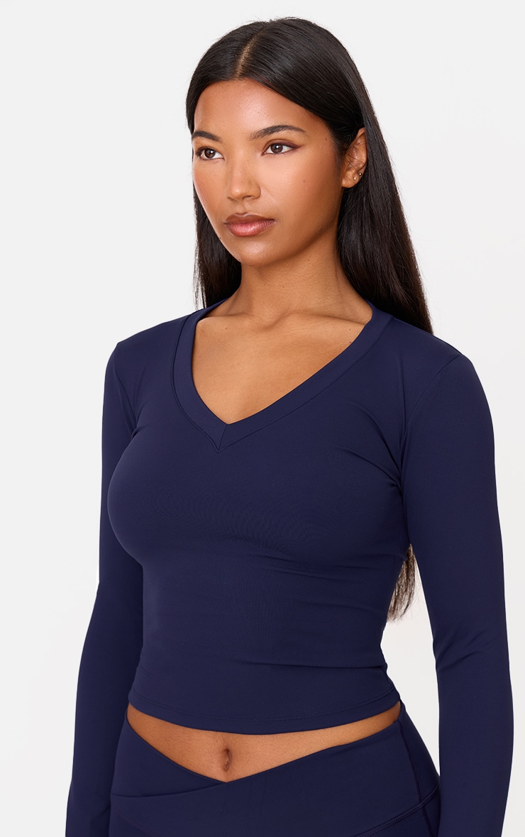 Navy Sculpt V Neck Long Sleeve Longline Top image 4