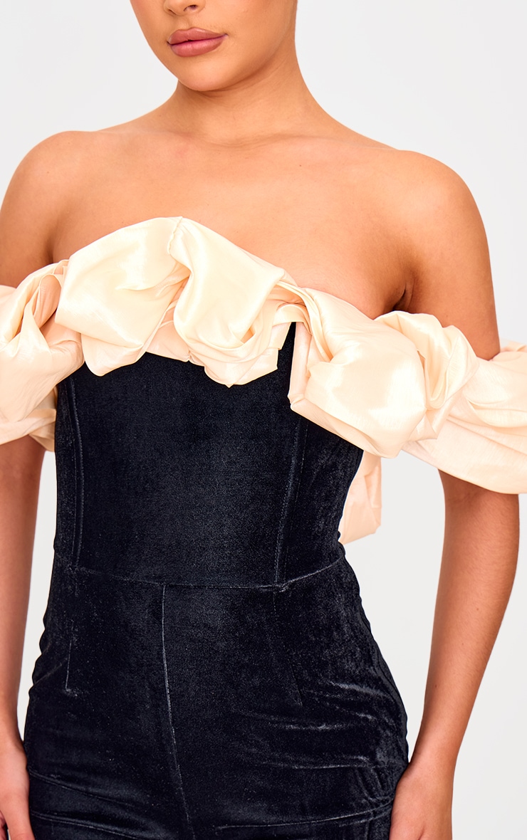 Black Contrast Bardot Puff Sleeve Velvet Playsuit image 4