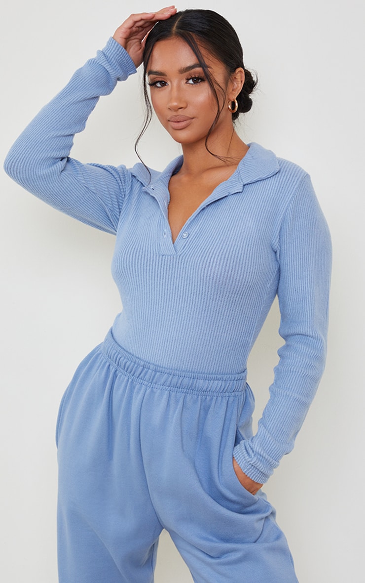 Petite Steel Blue Brushed Rib Polo Bodysuit