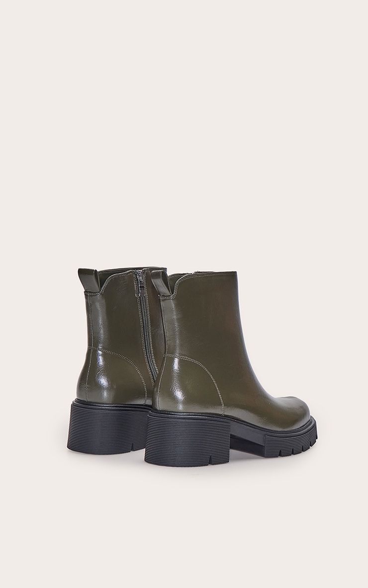 Olive Crinkle Chunky Cleated Sole Dipped Ankle Boot image 4