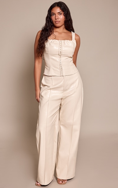 Shape Cream Faux Leather Wide Leg Seam Detail Pants