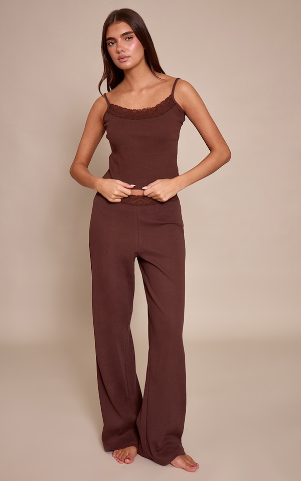 Chocolate Lace Trim Wide Leg Pant