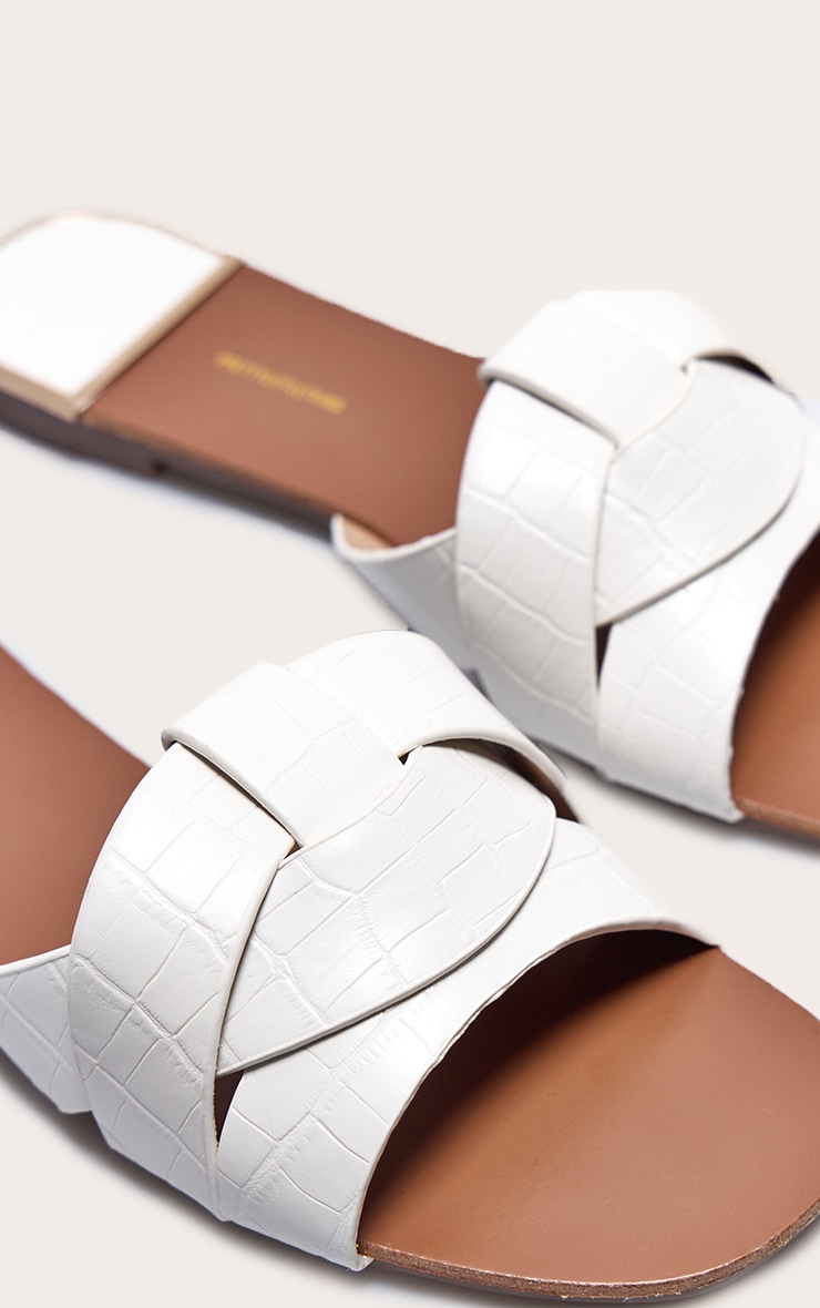 White Croc PU Strap Over Flat Sandals image 3