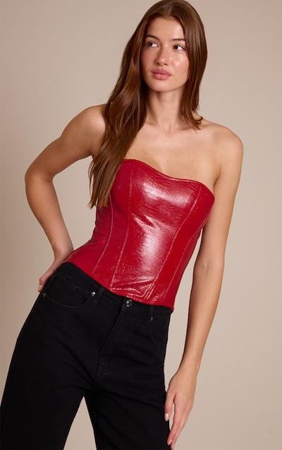 Red Faux Leather Lace Back Bandeau Corset
