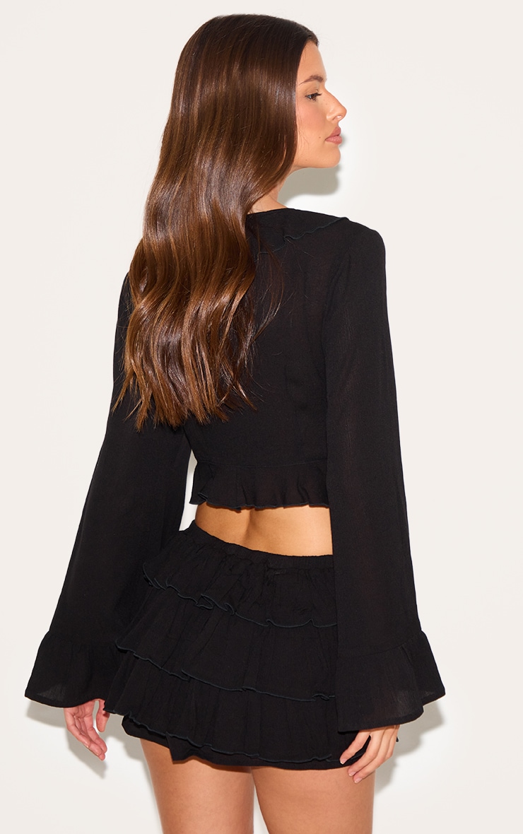 Black Cheesecloth Ruffle Tie Front Long Sleeve Top image 2