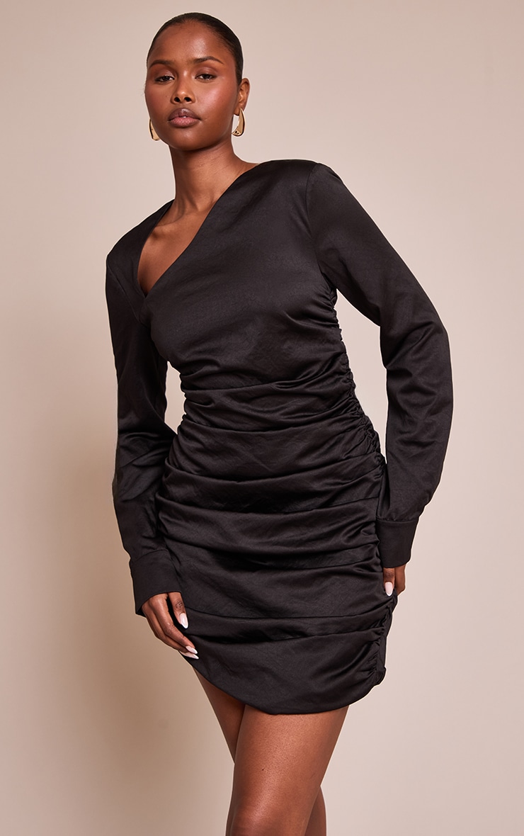 Black Textured Ruched Collar Dress image 1