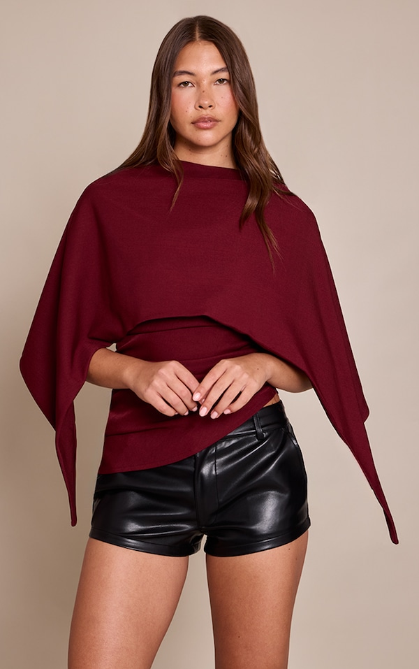 Plum Woven Cape Detail Ruched Long Top