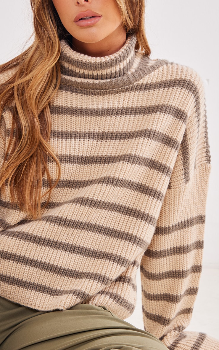 Khaki Stripe Plus Size V Neck Drop Shoulder Sweater