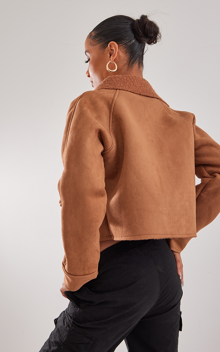 Camel Faux Suede Borg Lined Cropped Jacket image 2