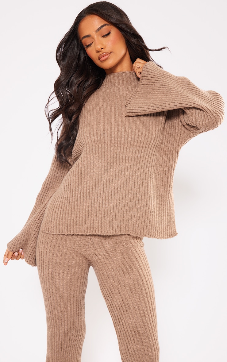 Petite Mocha Luxe Rib Knit Oversized Jumper image 3