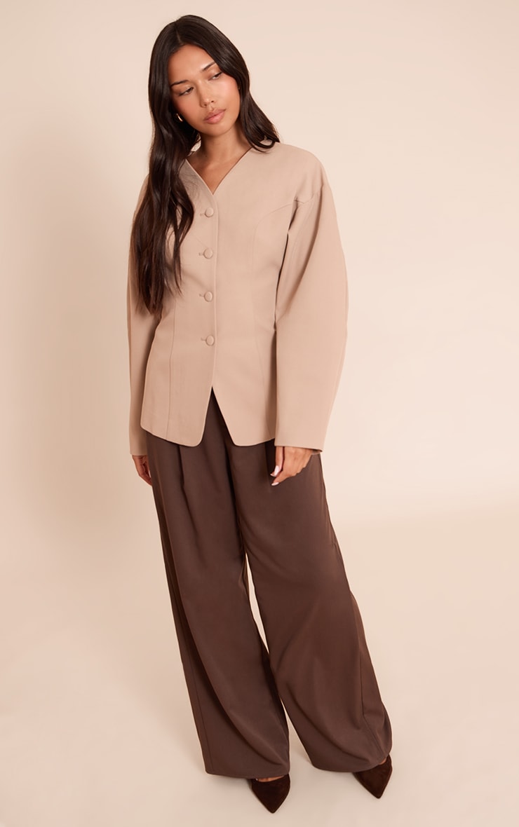 Taupe Collarless Fabric Covered Button Blazer image 3