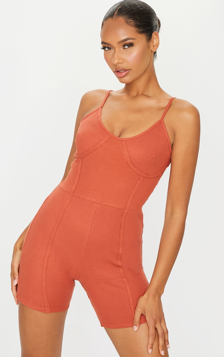 Rust Cotton Waffle Cup Detail Unitard