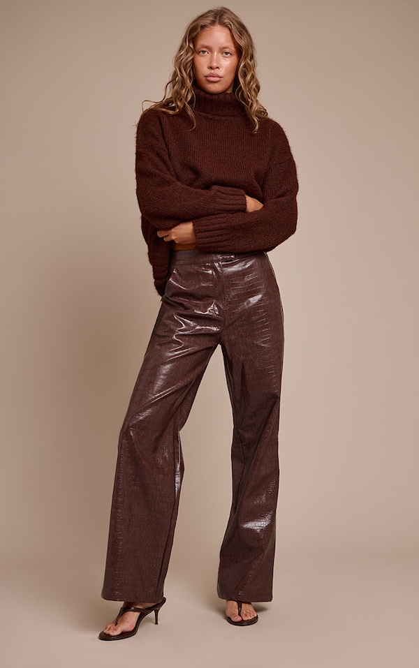 Dark Chocolate Faux Leather Croc Print Straight Leg Pants