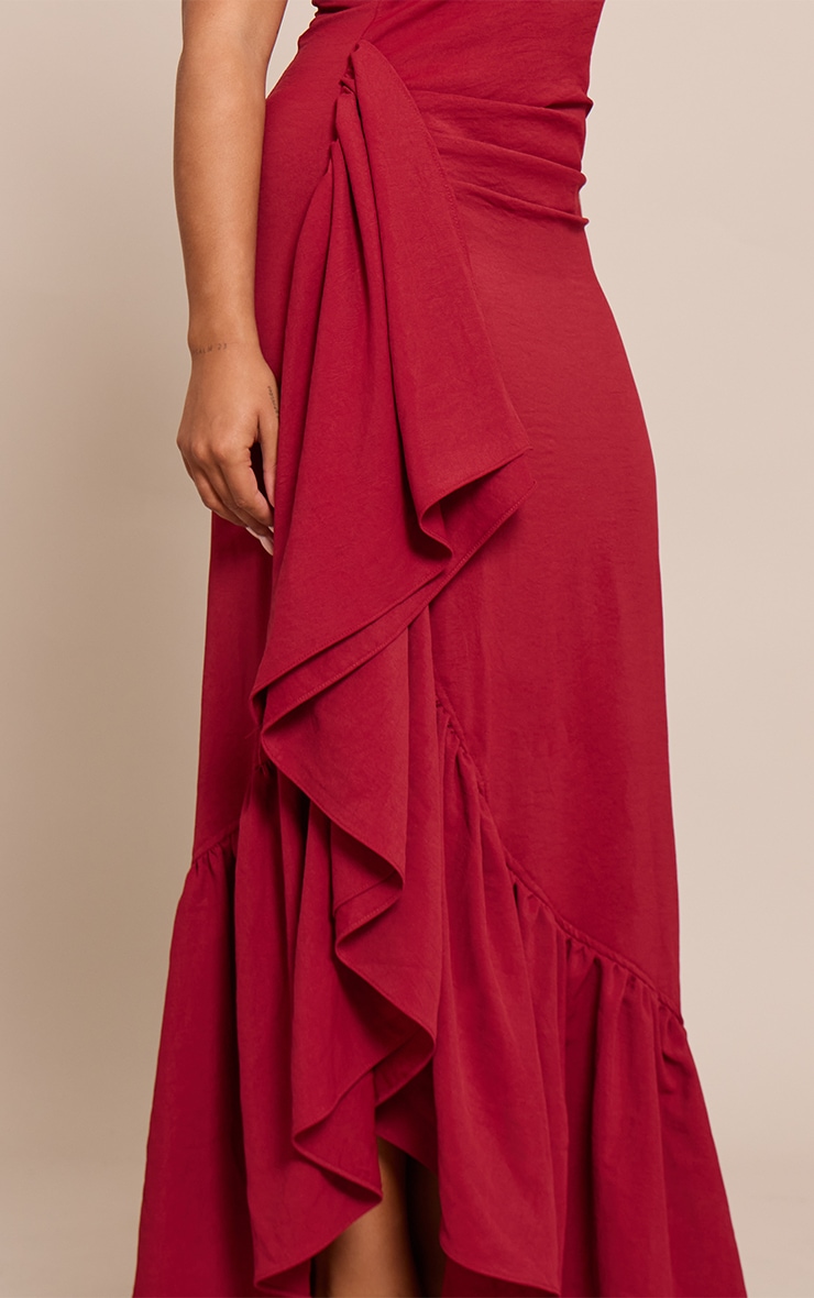 Shape Red Stretch Woven Boat Neck Side Split Frill Maxi Dress image 4